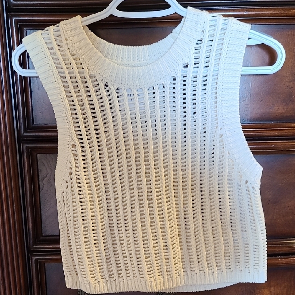 aerie Open-Knit Sleeveless Tank Top in Cream